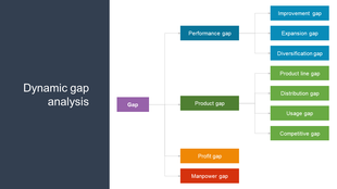 Dynamic gap analysis chart showing various gaps such as product, profit, and usage with corresponding sub categories.