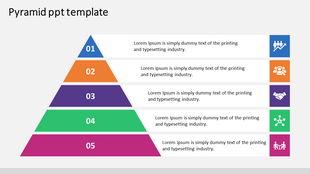 Pyramid slide design with five tiers, icons representing each level, and labeled caption areas on the right.