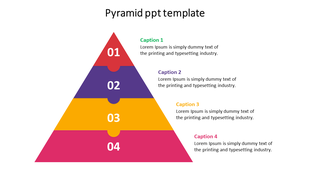 Pyramid infographic with  segments in red, purple, orange, and pink, labeled 01 to 04, each linked to a caption areas.