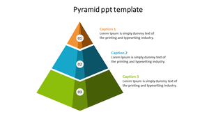 Pyramid infographic in green, blue, and orange shades, labeled with numbers 01 to 03 and linked to descriptions on the right.