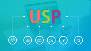 USP infographic with a central bold text linked to six circular icons representing key business and marketing concepts.