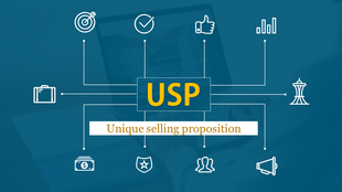 Central blue box labeled USP connects to multiple white icons with thin lines on a dark blue background.