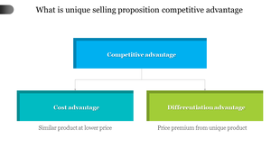 Competitive advantage flowchart with a blue top level box branching into two sections labeled and placed in white backdrop. 