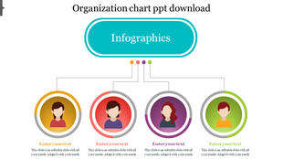Organization chart with a central blue banner labeled infographics connecting to four circular profile icons.