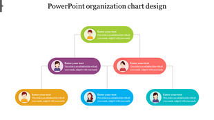 Visual presentation of an organizational hierarchy with six colorful nodes, each containing an avatar and text placeholder.