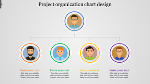 Project organization chart with a top-level manager in a blue circle branching into four team members.