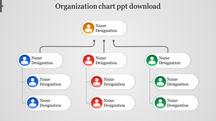 Organization chart template with rounded rectangular sections in blue, red, green, and orange, structured in a hierarchy.