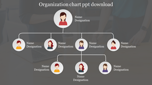 Organization chart with a leader icon branching into six team members in circular frames, linked by connecting lines.