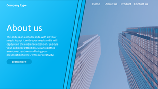 About Us PowerPoint template with a modern design featuring a city skyline on a blue theme with placeholder text.
