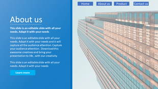 About us slide with a blue gradient background featuring text, and a skyscraper image with navigation buttons at the top.