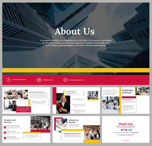 About Us PowerPoint slides with sections for a company overview, leadership, and services.