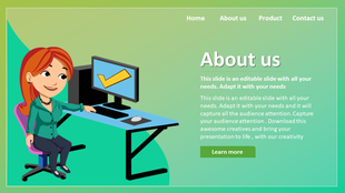 About Us slide with a cartoon woman sitting at a desk, pointing at a computer screen with a yellow checkmark symbol.