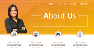 Corporate About Us slide with an orange background, a woman in a black suit, and four icons representing business categories.