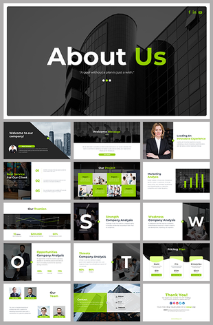 About us slide deck with a black, white, and green theme, featuring company details, marketing, with images and charts.