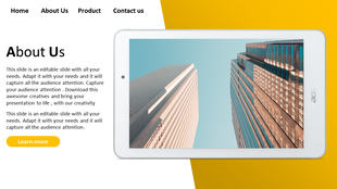 About us slide with text on the left and a tablet on the right showing a cityscape, in a yellow and white theme.