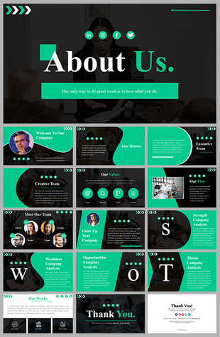 About us slide deck with a black and green theme, featuring structured layouts, and business content in a stylish design.