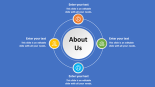About us slide with a central circular element and four surrounding colored icons, set on a blue background.