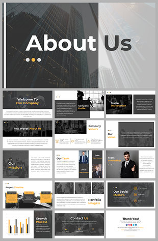 Professional about us company PPT slides with team introduction, mission, vision, and project timeline visuals.
