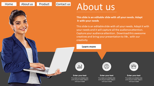 About Us slide with an orange and black theme, a woman working on a laptop, and three business related icons below.