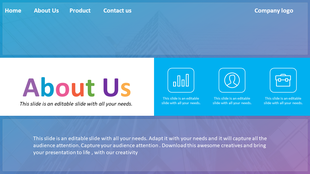 Blue gradient background featuring a white content box with colorful text, and three outlined icons in a horizontal layout.