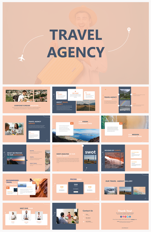 Travel agency about us PowerPoint slides with sections on services, mission, vision, and recommended destinations.