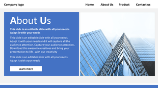 About Us template with a blue content box, business description, and a high-rise glass building image on the right.