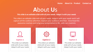 An orange gradient background with text and three white bordered icon cards, and a top navigation menu.