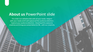 About Us slide with a green overlay, white text, and a grayscale cityscape background featuring modern glass buildings.