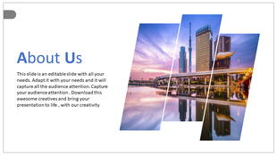 An About Us slide featuring a cityscape in the background with a modern and clean layout.