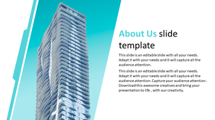 About Us slide with a modern skyscraper on the left, a blue gradient background, and a text section with a bold heading.