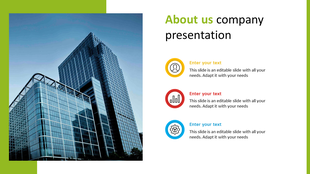 Company PPT presentation slide with modern building background and colored icons with placeholder text.