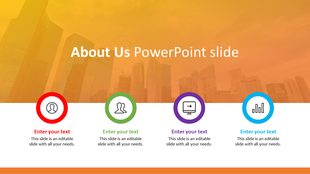 About Us slide with an orange skyscraper background, a white lower section, and four circular icons in various colors.