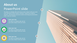 Ablut us slide with a blue background, featuring three colorful circular icons, and a modern skyscraper on the right.