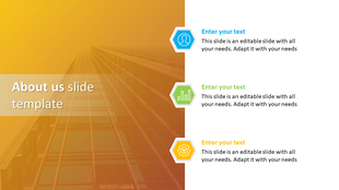 About us presentation slide with three sections and modern office building image, colored icons with placeholder text.
