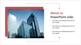 About Us slide with a modern glass skyscraper image on the left, a red accent frame, and a text section with bullet points.