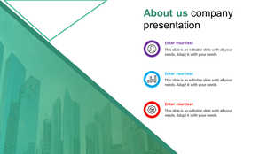 About us slide with a diagonal green tinted cityscape, and three colorful icons with text descriptions, on a white background.