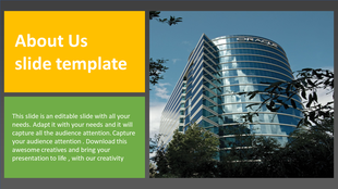 About us slide with a dark gray background, featuring yellow and green text boxes, and a glass office building on the right.
