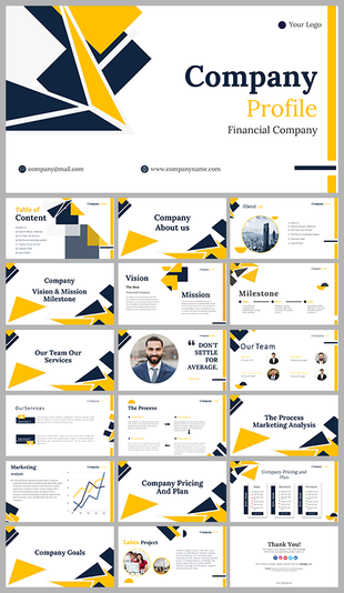 Professional company profile slide deck with a modern yellow and navy blue design covers many topics.