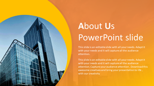 About us PowerPoint slide with a modern yellow and orange design featuring a skyscraper with placeholder text.