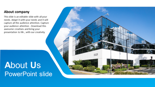 About Us slide with a modern glass office building, blue curved design element, andA text section on a white background.