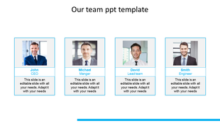 Team introduction slide showing four team members in individual frames with name, position, and caption areas.