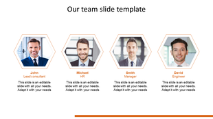 Presentation template displaying team members with photos, names, and job roles in a modern layout with placeholder text.