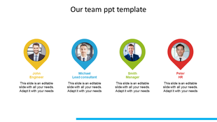 Team slide with four circular photos inside pin shaped markers in yellow, blue, green, and red, with names and roles.