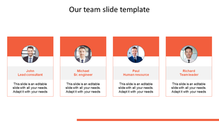 Our team PPT slide featuring John, Michael, Paul, and Richard with photos and roles on an orange theme with placeholder text.