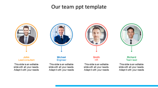 Team slide with four professionals in frames, names, titles, and descriptions below, in orange, blue, red, and green accents.