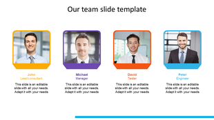 Our team PPT slide with photos of four professionals John, Michael, David, and Peter, each with their role title.