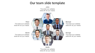 Our team PPT slide displays seven team members in hexagonal frames, with their roles listed beneath each photo.