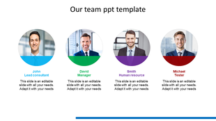 Our team PowerPoint template has circular photos of John, David, Smith, and Michael, each with their role labeled.