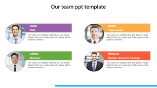 Team slide with four professionals in frames, names, titles, and descriptions inside purple, orange, green, and red banners.