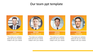 Company team slide displaying four circular-framed employees, labeled with names and descriptions, inside colored banners.